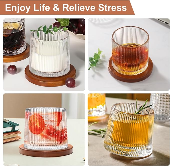 Rotatable Old Fashioned Glass Cup, 275ml/10oz Crystal Whiskey Glass Set of 2, Wood Coaster, Thickening, Used as Rum Glass Cup, Cocktail, Coffee, Milk to Relax and Reduce Stress, Christmas gifts