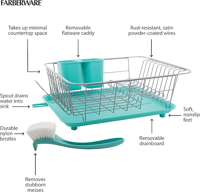 Farberware Compact Dish Drying Rack with Frost Sink Brush, Removable Drainboard and Flatware Caddy, Holds 9 Plates - Teal, Rust-Resistant for Small Kitchens