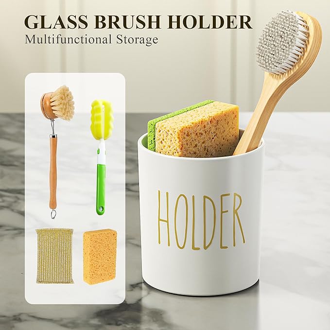 Cisily Kitchen Soap Dispenser Set Comes with Ceramics Sponge Holder, Gold Pumps, and Instant Dry Tray, Hand and Dish Soap Dispenser Set (4, Gold + White + Brush Holder)
