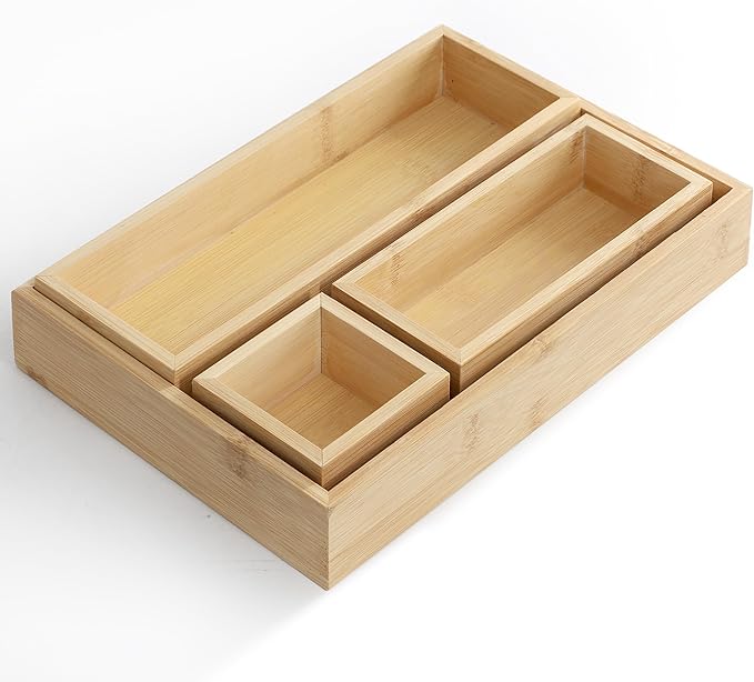 Elama 4 Piece Bamboo Wood Drawer Organizer Tray, Utensil Storage, Desk Drawer Storage (4 Piece Trays)