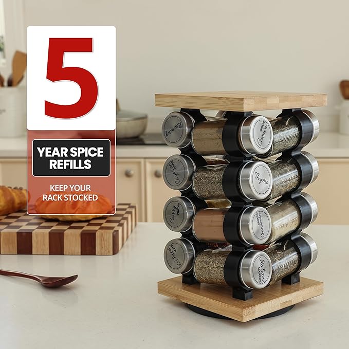 Orii 16 Jar Rotating Bamboo Spice Rack with Spices Included & 5-Year Spice Refill Program – Compact Countertop Spice Rack with Glass Jars