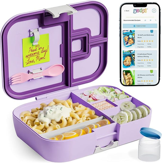 YOOPI Lunch Boxes for Kids–Toddler Bento Box with 4 Leakproof Compartment Food Bentobox Container,Lunch Box for School with Lunchbox Containers, Lightweight Sandwich Box & Snack Box (Lilac)