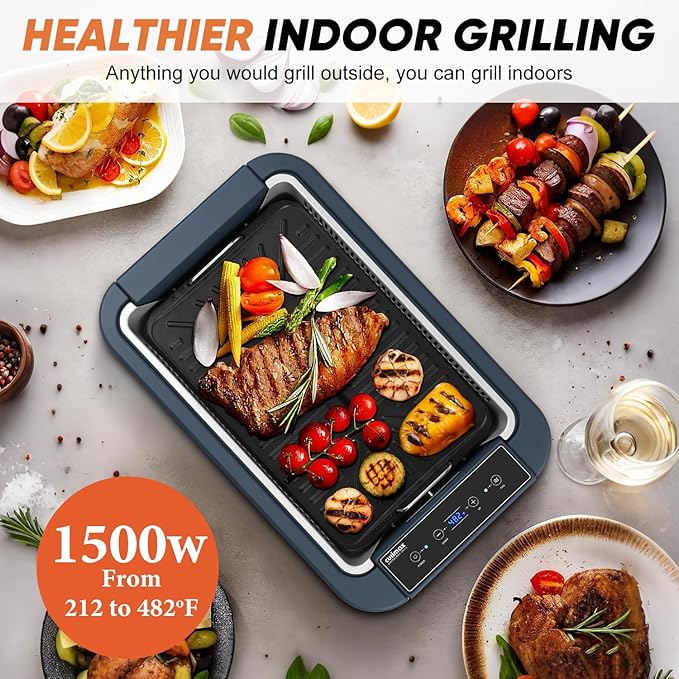 Electric Grill, CUSIMAX Smokeless Indoor Grill & Griddle, Electric Korean BBQ Grill with Turbo Smoke Extractor & REPLACEABLE Filter Sponge, Smart LED Display, Larger Grilling Area, 1500W(New Model)