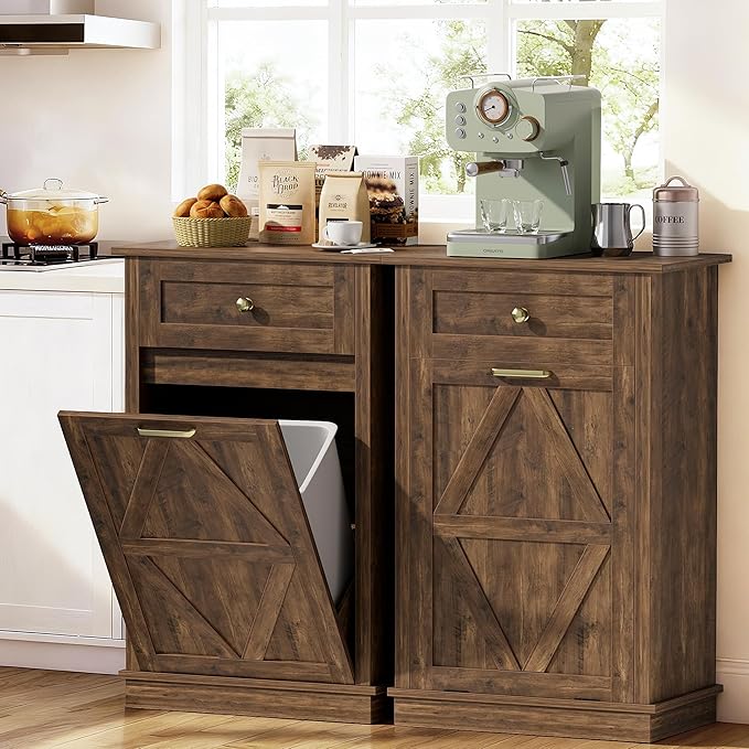 JUMMICO Tilt-Out Trash Can Cabinet, 10 Gallon Laundry Hamper Cabinets with Drawers, for Kitchen, Dining Room and Living Room (Brown, 1 Piece)
