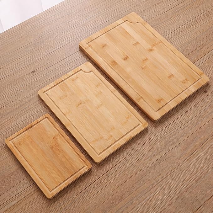 3pcs Wood Chopping Boards Set, Smooth Cutting Boards with Grooves and Inner Handles for Kitchen, Meat Vegetables Fruits