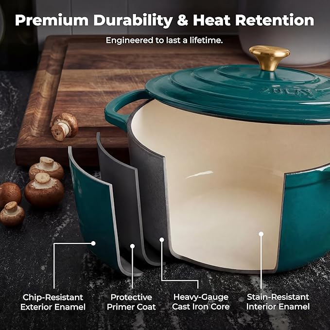 Zulay Kitchen 7.7 Quart Enameled Cast Iron Dutch Oven Pot with Lid – Premium Durability & Oven Safe up to 500°F – Heavy Duty Cookware Perfect for Bread Baking, Stews, Braising & Roasting – Emerald