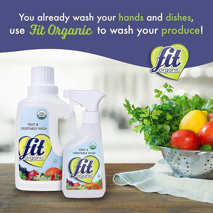 FIT Organic Fruit and Vegetable Wash Spray – USDA Certified Organic & Kosher – Tasteless, Odorless, Removes Surface Contaminants – Family & Pet Safe, Chemical-Free, 12 Fl Oz (4-Pack)