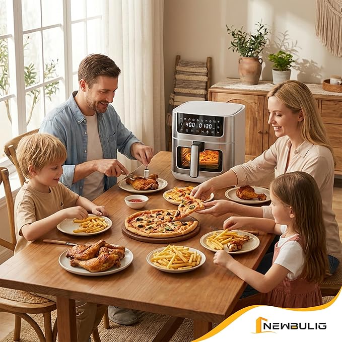 NEWBULIG Air Fryer 6.34QT, Airfryer with Visible Window, 400℉ Fast Heating Air Fryers Oven with Nonstick and Dishwasher-Safe Basket, 8-in-1 Cooking Preset, Timer，Auto-Off, Stainless Steel, White