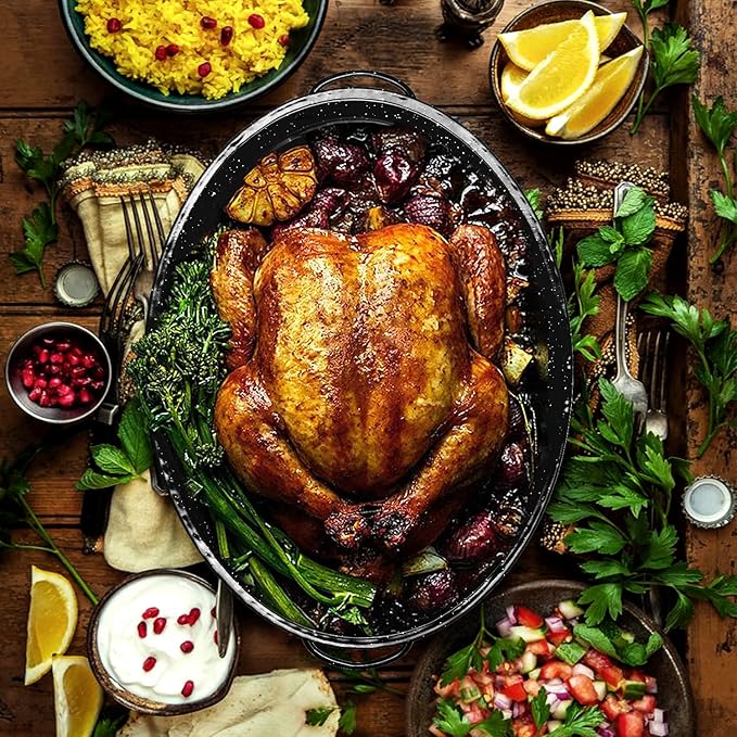 JY COOKMENT 15.7" Enameled Oval Roaster with Domed Lid - For Turkey, Chicken, Ham, Dishwasher Safe