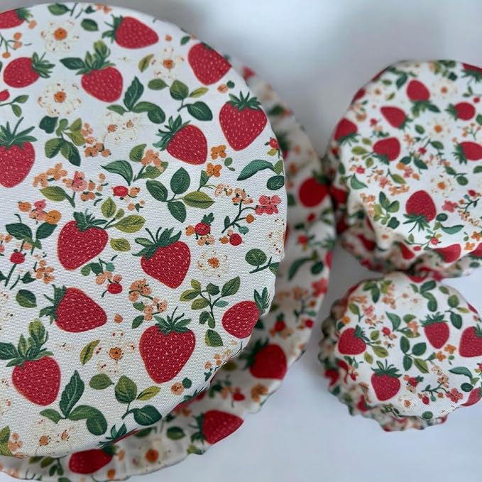 (4-Pack) Sourdough Reuseable Jar & Bowl Covers | Cute Baking Gift | 100% Cotton | Washable | Bread Proofing | Kitchen Food Storage Gifting | Starter Cover Lid Kit (Strawberry)