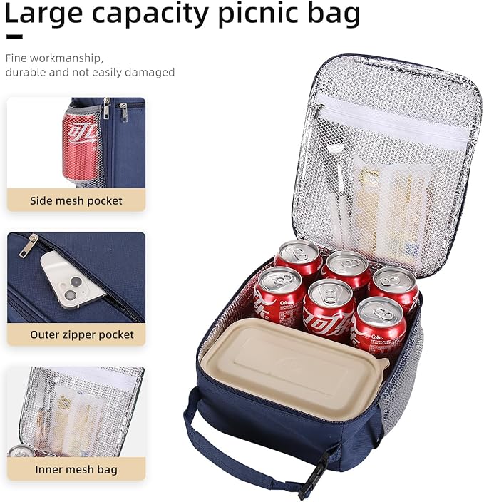 Lovoeo Lunch box Lunch bag for men women Insulated Lunchbox Lunch bags for Work Picnic Travel (Navy blue)