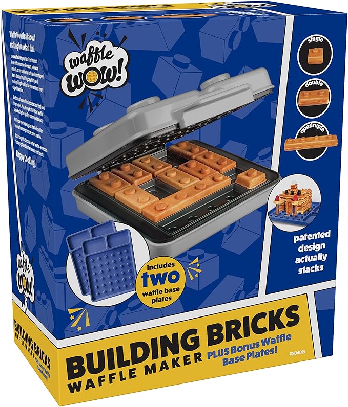 Building Brick Electric Waffle Maker- GREY with 2 Construction Eating Plates- Cook Fun Buildable Waffles in Minutes Like Houses, Cars & More- Revolutionize Breakfast - Stack & Build on Serving Dishes