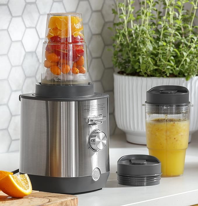 GE 5-Speed Blender + (2) 16 Ounce Blender Cups | Kitchen Essentials for Shakes, Smoothies & More | Large 64 oz Tritan Jar, 8-10 Servings | Stainless Steel Blades & Exterior Finish| 1000 Watts