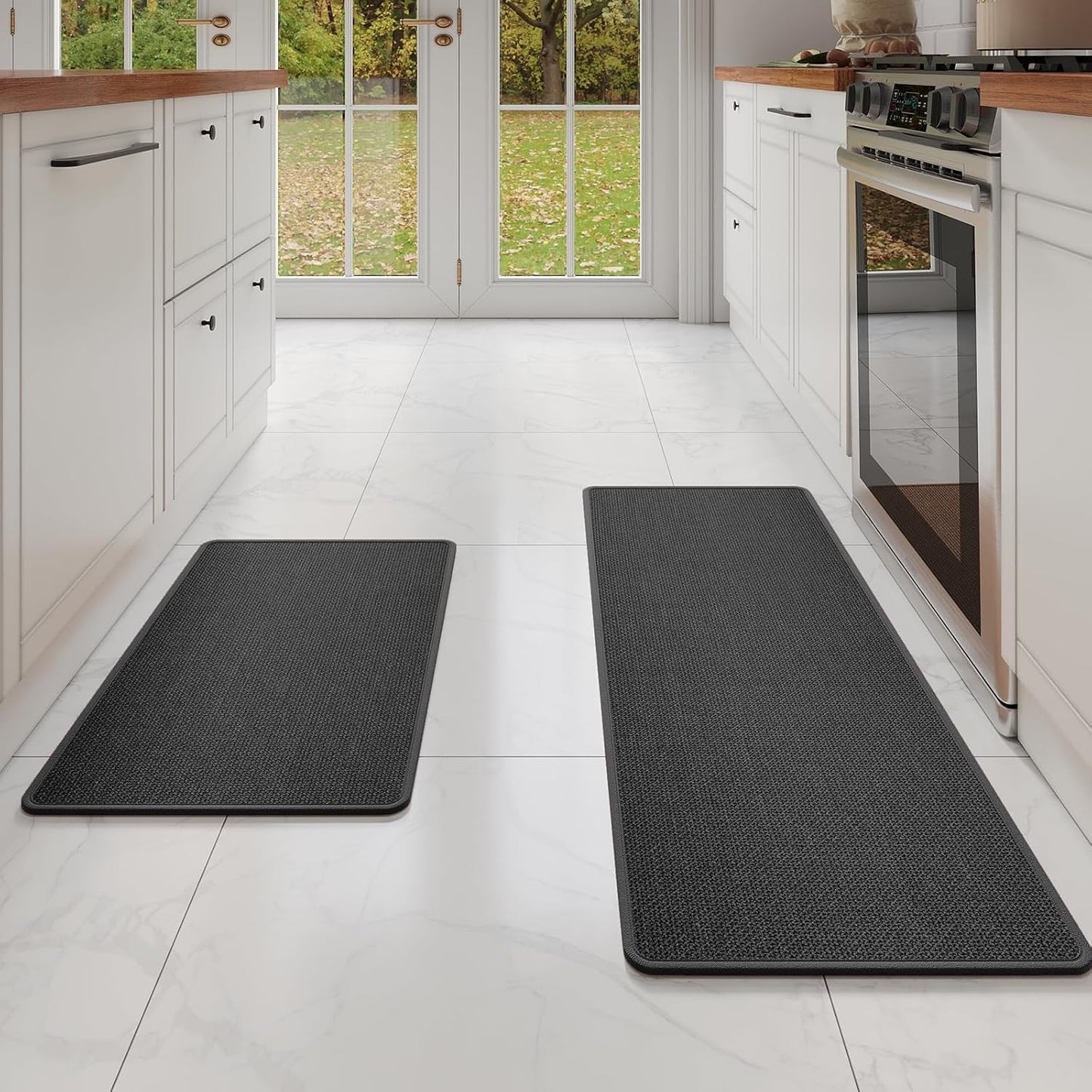 Kitchen mats for Floor Water and Oil Absorbent Runner Rugs for Kitchen, Kitchen Mat in Front of Sink,Non-Slip Kitchen Rugs,Durable Imitation Linen Kitchen Rug Black 17x30+17x47