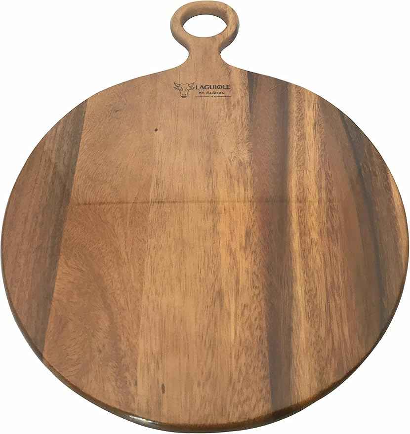 Laguiole en Aubrac Round Solid Maple Pizza Wood Cutting Board for Serving, Chopping or Charcuterie Platter, 35cm / 14-Inch With Pizza Cutter, Ebony Handle