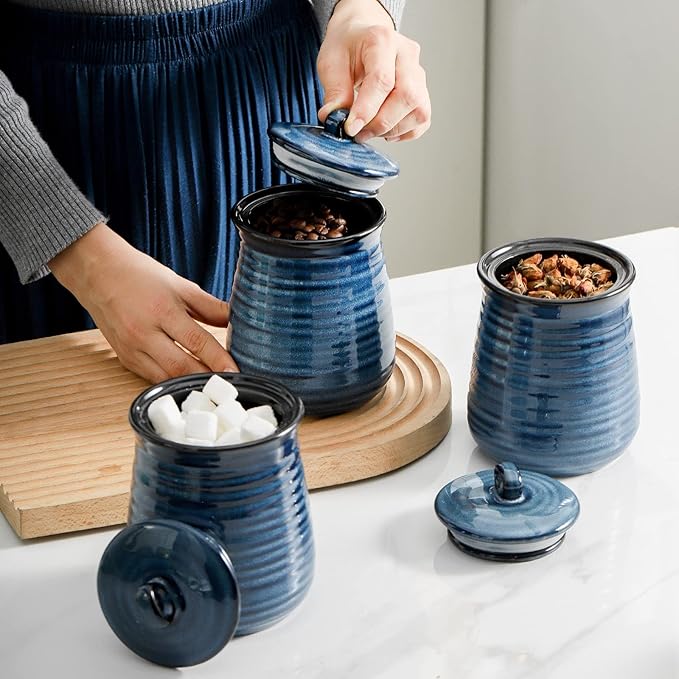 HASENSE Ceramic Food Storage Jars Set of 3,25 FL OZ Kitchen Canisters with Airtight Lids, Coffee,Tea and Sugar Containers, Farmhouse Decor for Kitchen, Blue