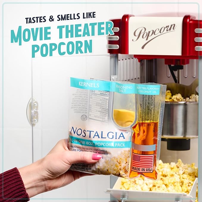Nostalgia Movie Theater Style Popcorn Packets for Popcorn Machine, All-in-One Popcorn Kernels, Butter Flavored Coconut Oil, Seasoning Salt, 8oz Packs, 24 Count