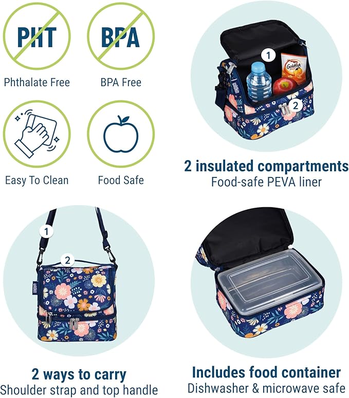 Wildkin Kids Two Compartment Insulated Lunch Bag – Keeps Food Hot or Cold, Easy-Clean Lining, Leak-Resistant & BPA-Free – Boys & Girls, Ideal for School, Travel & Daycare – Wildflower Bloom