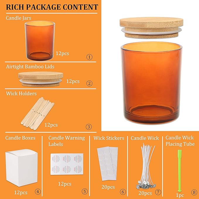 MILIVIXAY 12 Pack 12 OZ Amber Glass Candle Jars with Lids and Candle Making Kits - Bulk Empty Candle Jars for Making Candles - Spice, Powder Containers.
