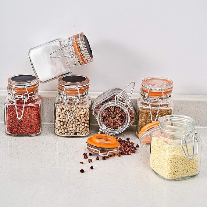 3.4 oz Small Glass Spice Jars with Lables, 24 Pack Empty Mini Square Spice Bottles with Airtight Flip Top Lids, Chalkboard Labels and Collapsible Funnel for Home and Kitchen