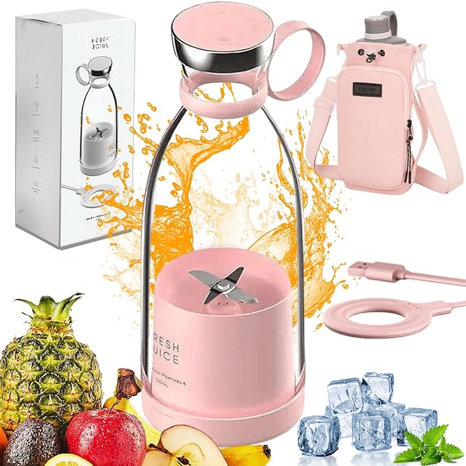 Upgraded Fresh Juice Blender Bottle Portable, Juicer Portable Blender Shake, 380ML USB/Magnetic Charging for Shakes and Smoothies, with Travel Cup and Lid (Pink,Magnetic charging)