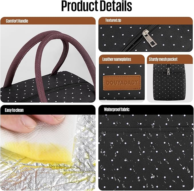 douyadady Lunch Bag Women/Men Lunch Box Women/Men (black polka dot)
