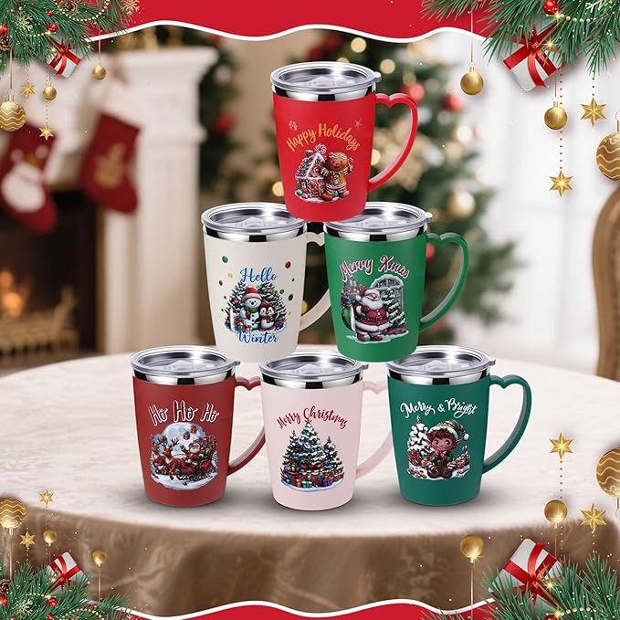 Maxcheck 6 Pcs Christmas Coffee Mugs Cups 16 oz Merry Christmas Stainless Steel Insulated Tumblers Bulk with Handle Lid Straw Brushes Red Green Xmas Tree Santa Claus Mug Gifts for Winter Holiday Party