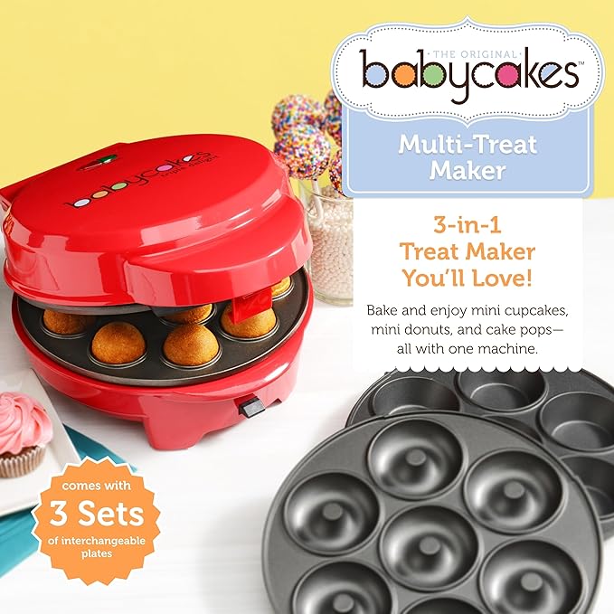 Babycakes 3-in-1 Removable Plate Treat Maker - Baking Gadgets for Cake Pops, Cupcakes & Donuts - Mini Kitchen Appliance & Baking Tool - Gift for Bakers - Includes Non-Stick Baking Plates