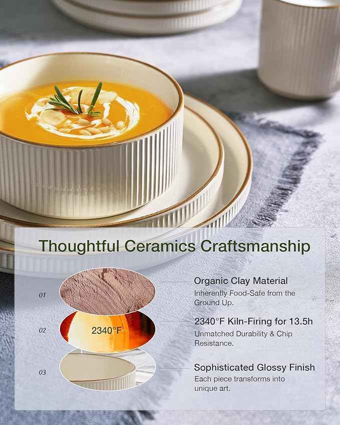Famiware Star Dinnerware Set, Plates and Bowls Sets for 4 (12pcs), Ribbed Stoneware Dishes with Trim - Chip & Scratch Resistant, Microwave & Dishwasher Safe, Cream