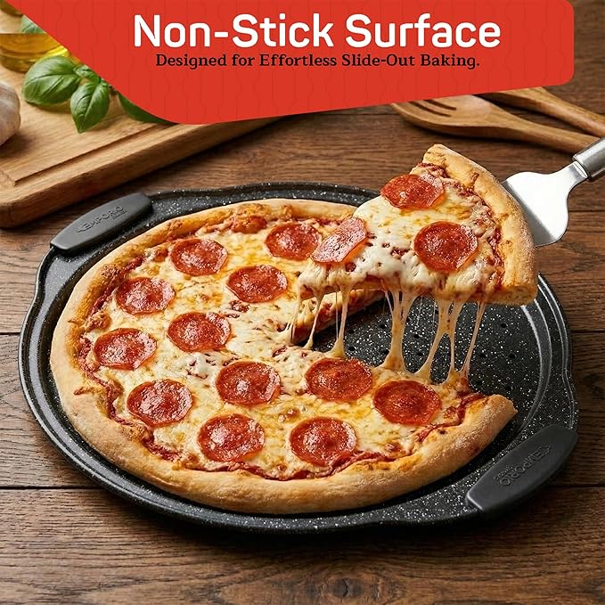 Non-Stick Pizza Pan with Silicone Handle 2 Pack, 13 Inch Round Carbon Steel Tray with Perforated Holes, Dishwasher & Oven Safe Up To 450°F, PFOAPFOSPTFE Free, Durable Nonstick Gray Marble Coating