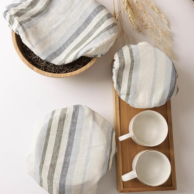100% Linen Bowl Covers Reusable For Bread Proofing, 4 Pcs Elastic Cloth Fabric Colorful Stripe Bowl Covers, 5.9*7.9*9.8*11.8 Inches, Colorful 2