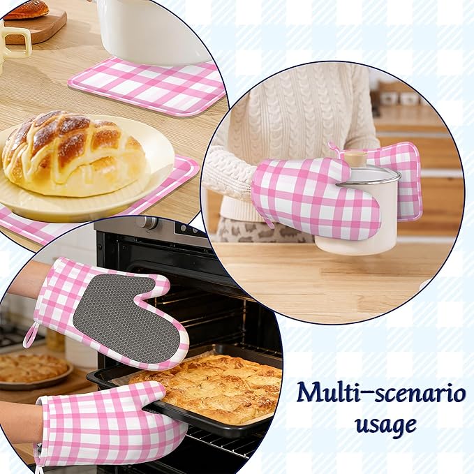 Buffalo Check Plaid Oven Mitts and Pot Holders Pink Checkered Silicone Kitchen Accessories Set of 4 Heat Resistant Non-Slip Long Gloves Potholder for Chef Cooking Baking Gifts Women Men