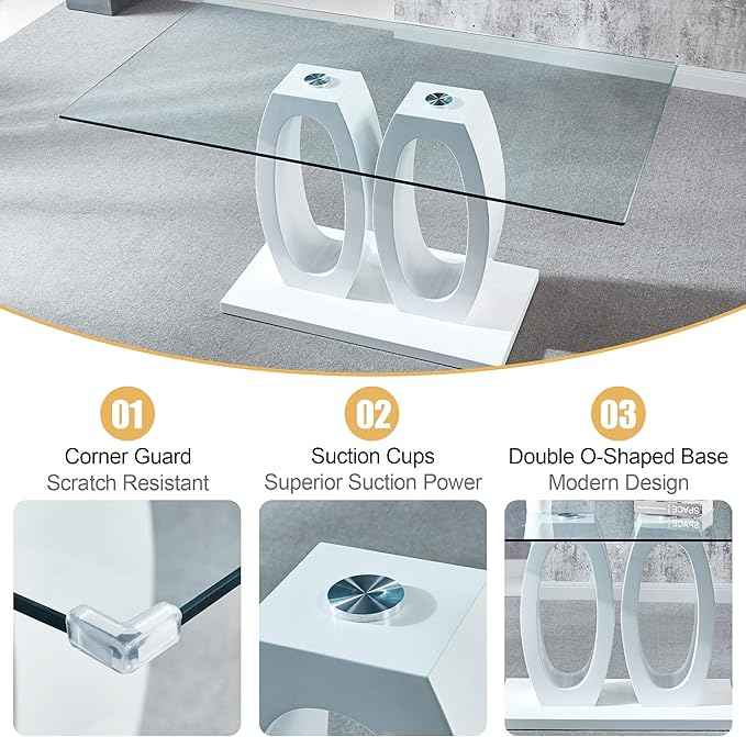 63" Glass Dining Table Set for 6, 7-Piece Rectangular Kitchen Table with Tempered Glass Top, White Double O-Shaped MDF Base, and 6 Blue Velvet Upholstered Chairs for Dining Room, Living Room, Office