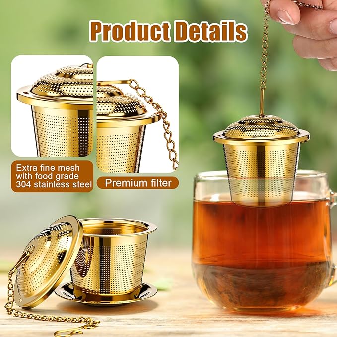 Umigy 4 Pcs Tea Infuser Strainers for Loose Tea with Scoop, Extra Fine Mesh Steeper 304 Stainless Steel Diffuser Leaf Holder with Extended Chain Hook for Brew, Spices, Seasoning, Gold