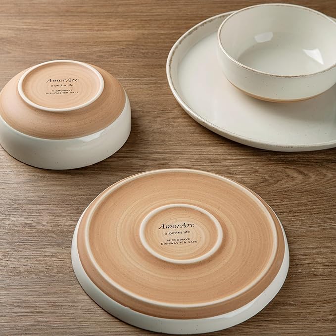 AmorArc Ceramic Dinnerware Sets with Pasta Bowls for 6, Handpainted Plates and Bowls Set with Rustic Terracotta Underside, Scratch Resistant Dishes Set, Dishwasher & Microwave Safe, 24 Pcs