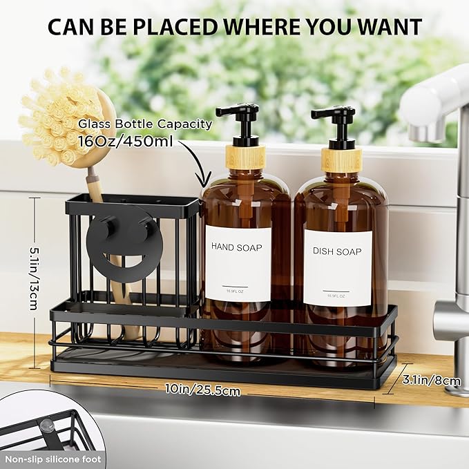 Moforoco Kitchen Dish Soap Dispenser Set, 16OZ Glass Bottle, Hand and Dish Soap Dispenser Set, Instant Dry Tray, Brush Holder with Smiley Face Sponge Holder (Black Tray+Amber Bottle+Labels)
