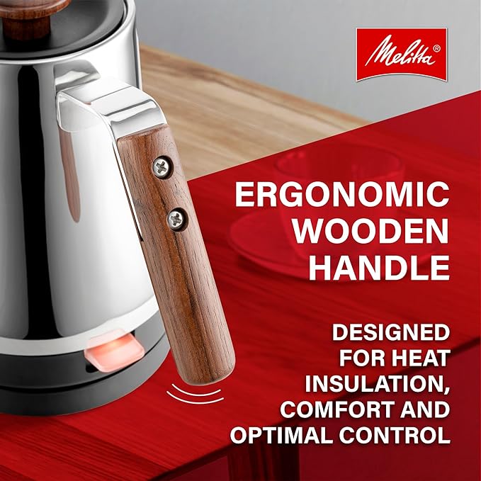 Melitta Precision Pour X Stainless Steel Gooseneck Electric Kettle with Wooden Handle and Knob