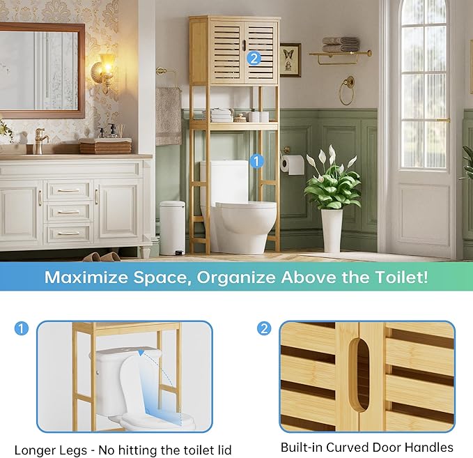 SMIBUY Bathroom Over The Toilet Storage Cabinet, 2 Door Bamboo Cabinet Organizer, Freestanding Space Saver Toilet Rack with Adjustable Inside Shelf and Open Shelf (Natural)