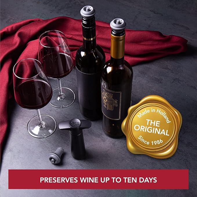 Vacu Vin Wine Saver Pump Gray with Vacuum Wine Stopper - Keep Your Wine Fresh for up to 10 Days - 1 Pump 6 Stoppers - Reusable - Made in the Netherlands