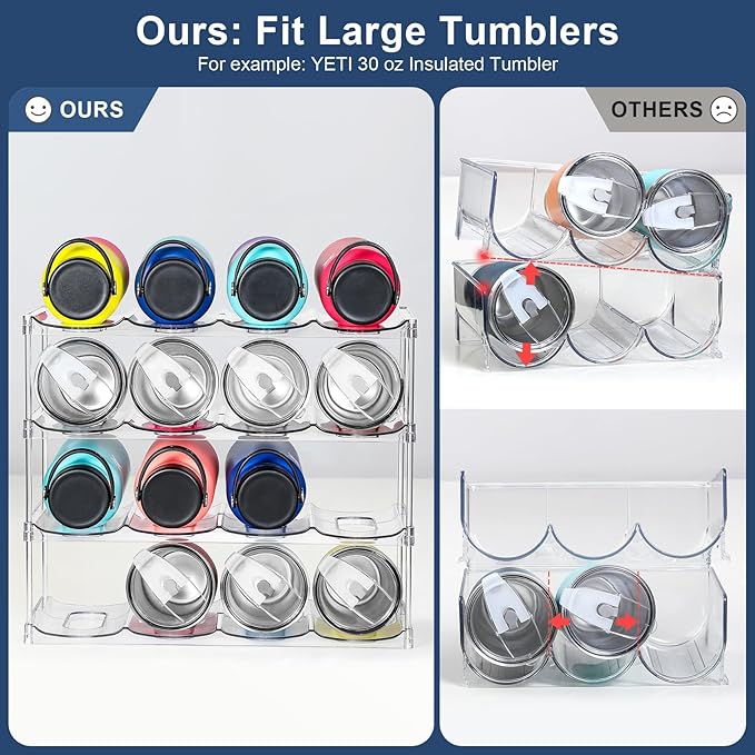 LARGER Compartment - 4 Tier Stackable Water Bottle Organizer Holder - for Stanley 40oz & Others' Large Tumbler - Clear Wine Rack, 16 Cup Bottle Holder for Cabinet Home Countertop Fridge Pantry Shelf
