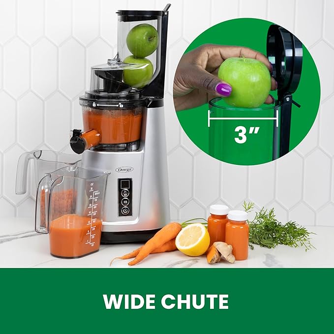 Omega Wide Mouth Juicer Compact Vertical Cold Press Vegetable and Fruit Juice Extractor with 3-Inch Hopper 2-Speed Slow Juicing with Space Saving Design, 120-Watts, Black