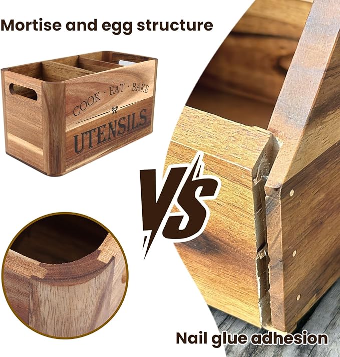 Utensil Holder for Kitchen Countertop - Extra Large 3 Compartment Wooden Organizer in Acacia Wood, Storage for Cooking Tools and Cutlery, Farmhouse Style for Home Cooking