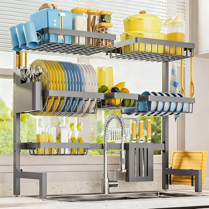 Sakugi Dish Drying Rack - Over The Sink Dish Drainer Drying Rack with Utensil & Knife Holder, Hooks, Stainless Steel Kitchen Organizers and Storage Solution, 11.8" D x 31.5"~39.0''W x 30" H, Gray