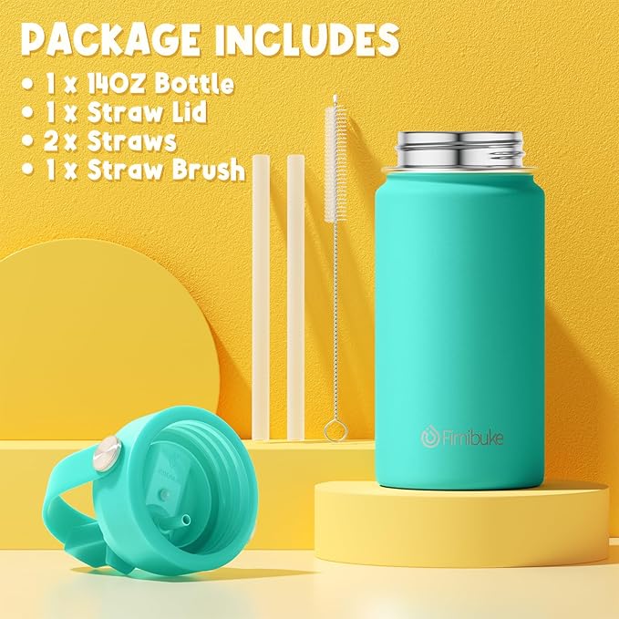 Fimibuke Kids Insulated Water Bottle - 14oz BPA-FREE 18/8 Stainless Steel Travel Tumbler Leak Proof Double Wall Vacuum Kids Cup with Straw Metal Water Bottle for School Boys Girls (1 Pack, Bubble Gum)