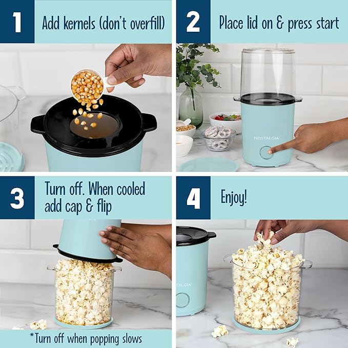 Nostalgia 8-Cup Hot Air Popcorn Maker & Bowl - 2-In-1 Bowl & Lid, 2 oz Measuring Cup - Oil-Free Pop Corn for Movie Night, Snacks, Birthday Parties, and More - Aqua