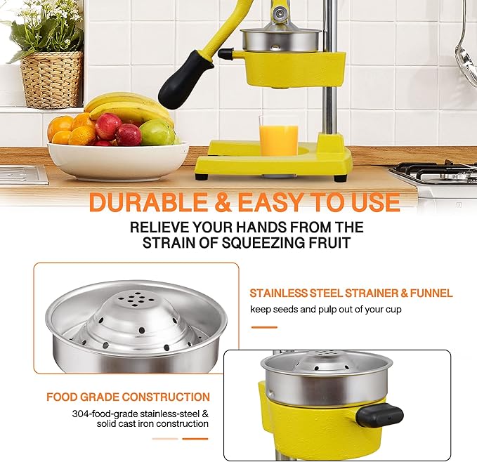 Commercial Heavy Duty Cast Iron Hand Press Manual Orange Citrus Lemon Lime Grapefruit Pomegranate Fruit Juice Squeezer Machine with Stainless Steel Cup Yellow