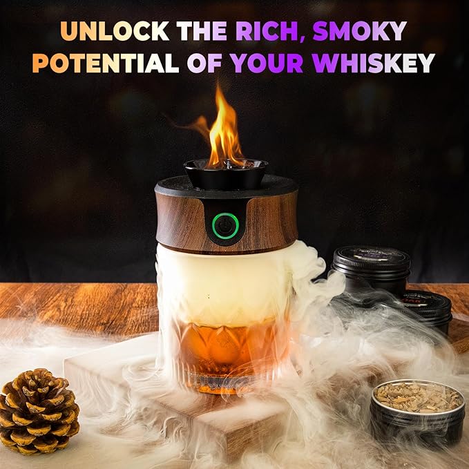 Electric Whiskey Smoker Kit with Torch, Home Bar Gift for Whiskey Lover, 6 Wood Chips – Infuse Rich Smoky Flavors in Bourbon Old Fashioned & Cocktails, Birthday Gifts for Him, Husband (Without Butane)