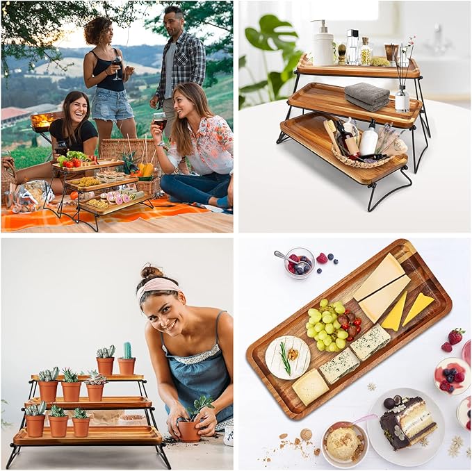 Manspdier Middle Size 3 Tier Cupcake Stand & Towers Serving Tray for Party, Acacia Wooden Dessert Table Display Set, Decorative Tiered Decor Small Chees Charcuterie Boards Rustic Wood Platters Trays