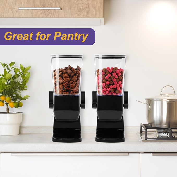 Cereal Dispenser Countertop, Dry Food Dispenser Snack Organizer, Slim Cereal Containers Storage Dispenser with Lids for Pantry, Kitchen Organization Oatmeal Nut Granola Candy, Black, 2pcs