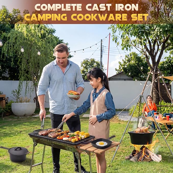 Geetery 15 Pcs Pre-seasoned Cast Iron Cookware Set, Dutch Oven Camping Accessories Kit with Skillet, Pan, Pot, Gloves, Lid Lifter, Storage Bag, Scrubber for Kitchen Ourdoor Campfire Grill BBQ Cookware